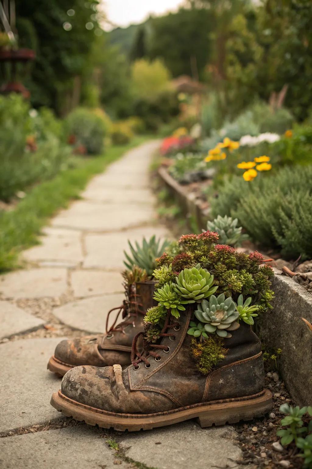 Old boots repurposed into playful succulent planters.