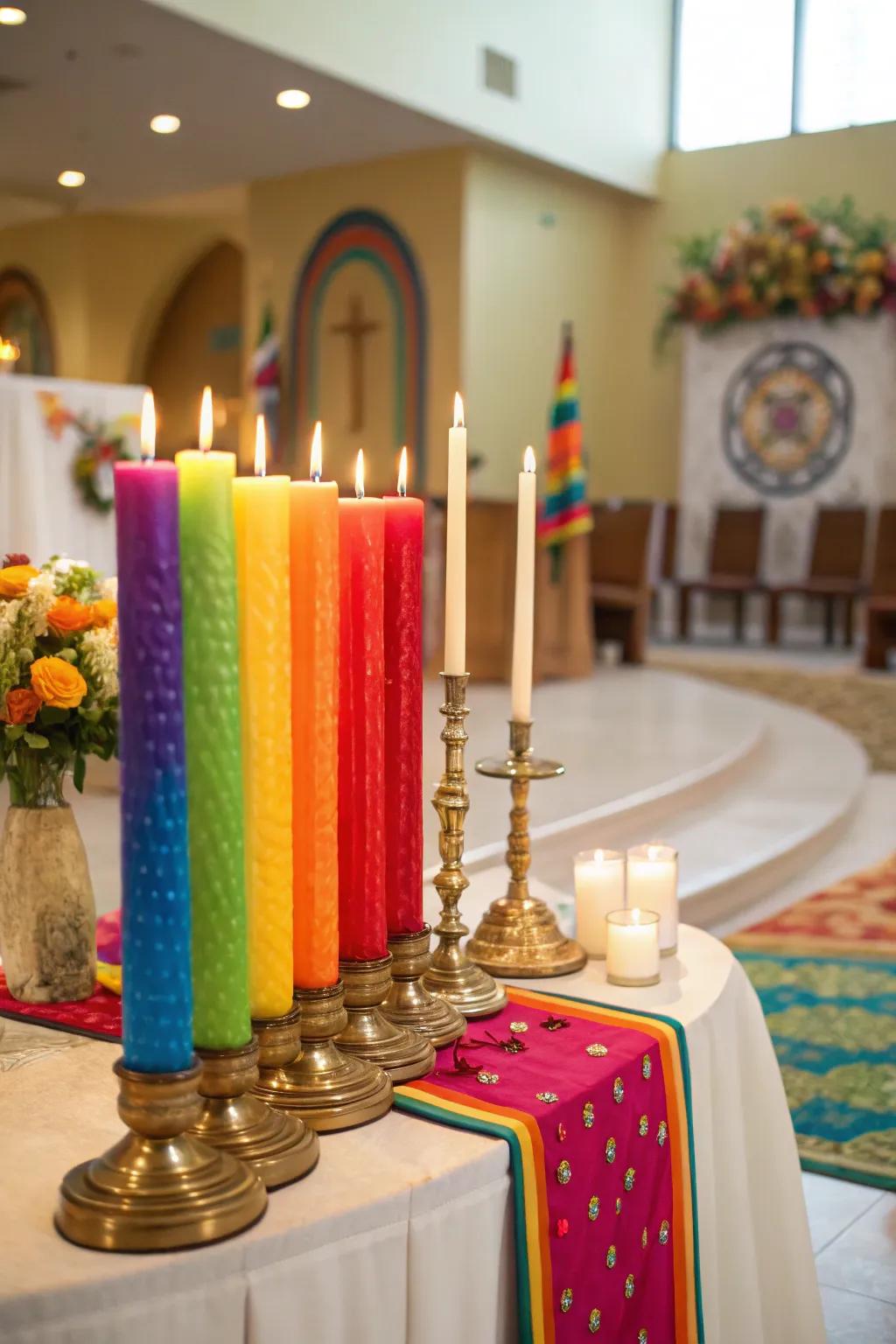 Colorful candles infuse personality into this unity candle table.