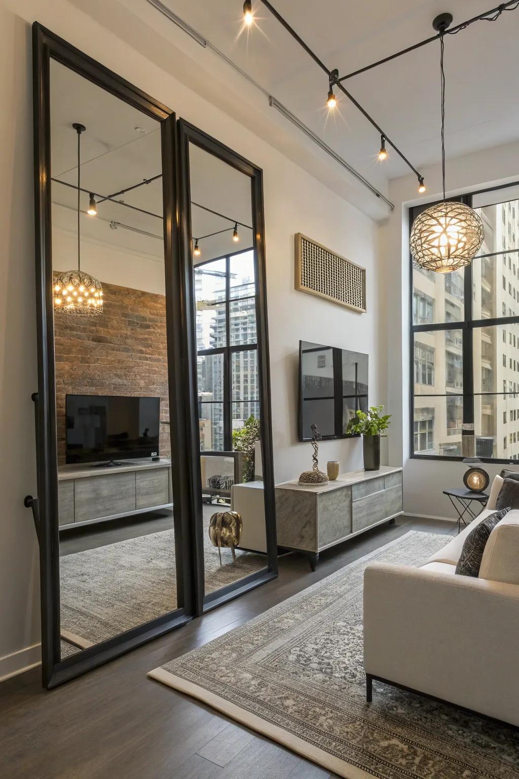 Mirrors with industrial frames enhance light and space.