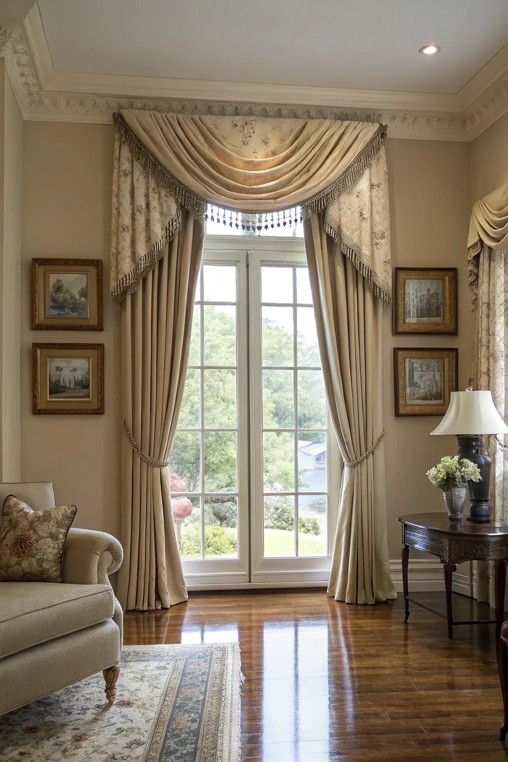 A window with a neutral-colored valance in a sophisticated living room.