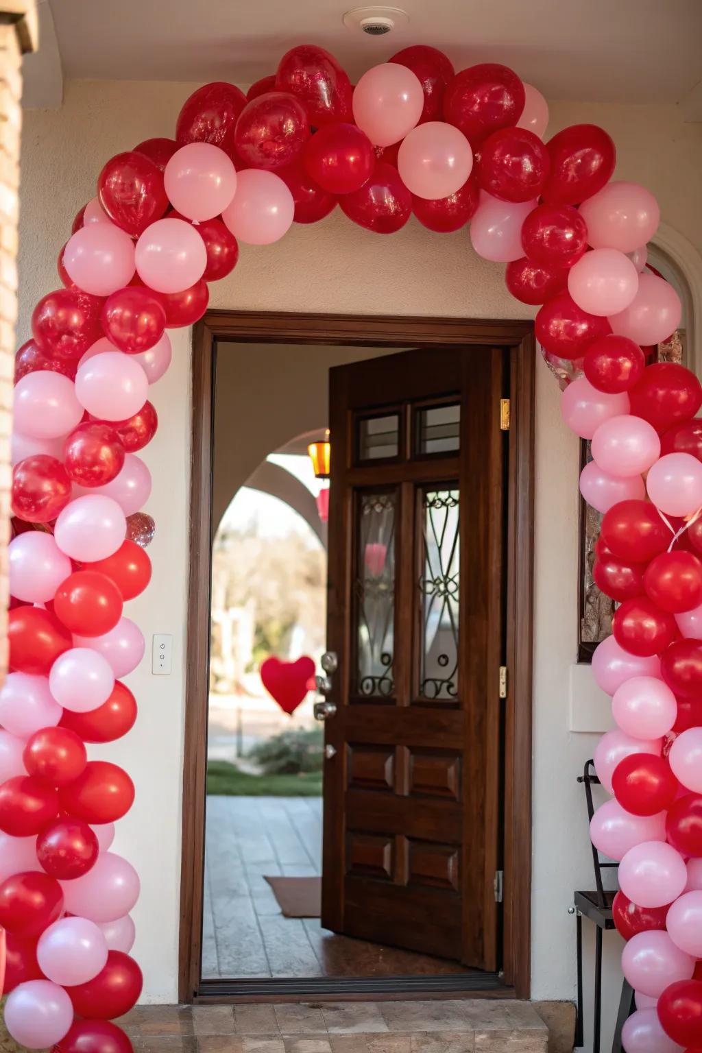 A festive balloon arch gives your front door a playful and cheerful vibe.