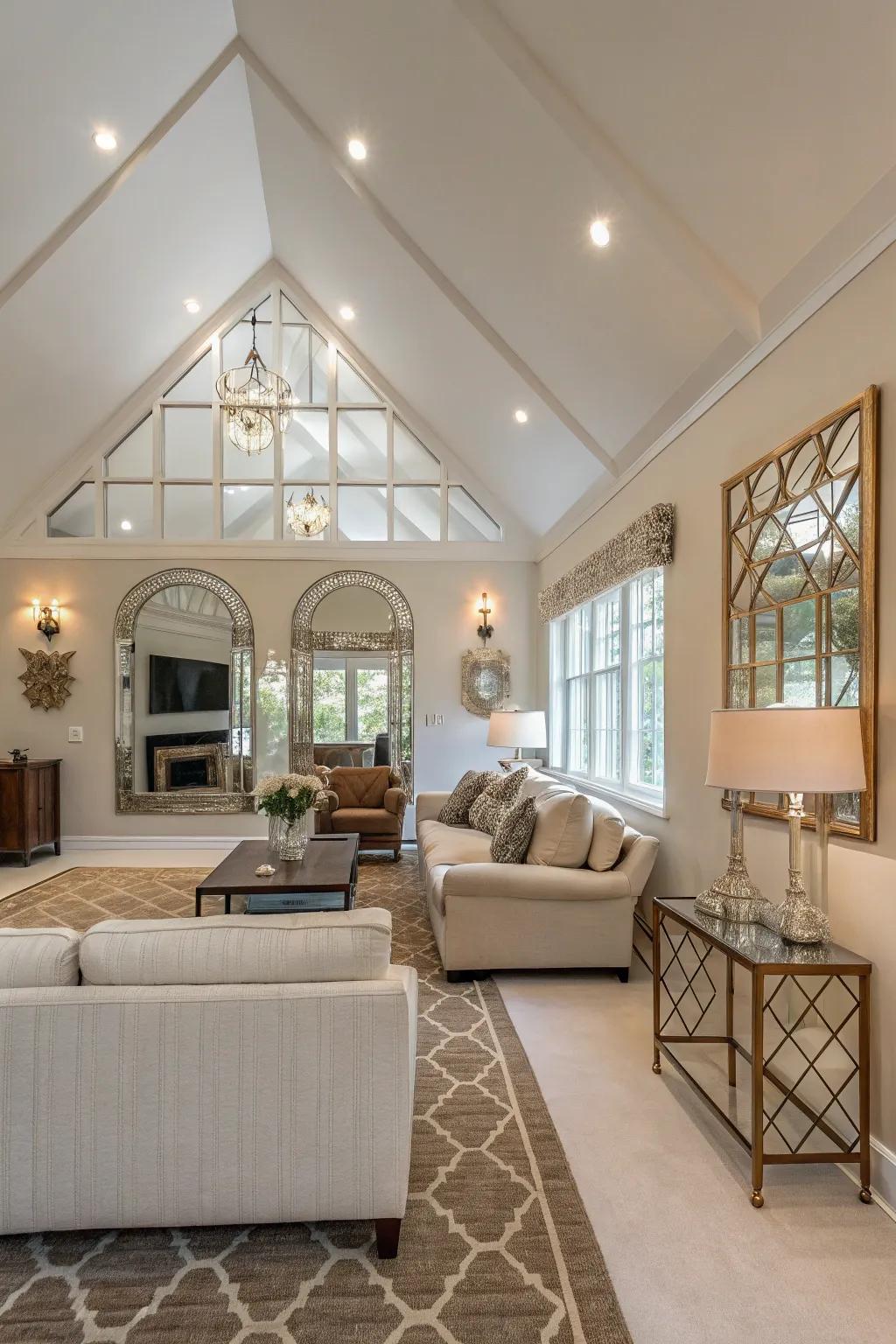 Living room with vaulted ceiling and mirrored accent wall