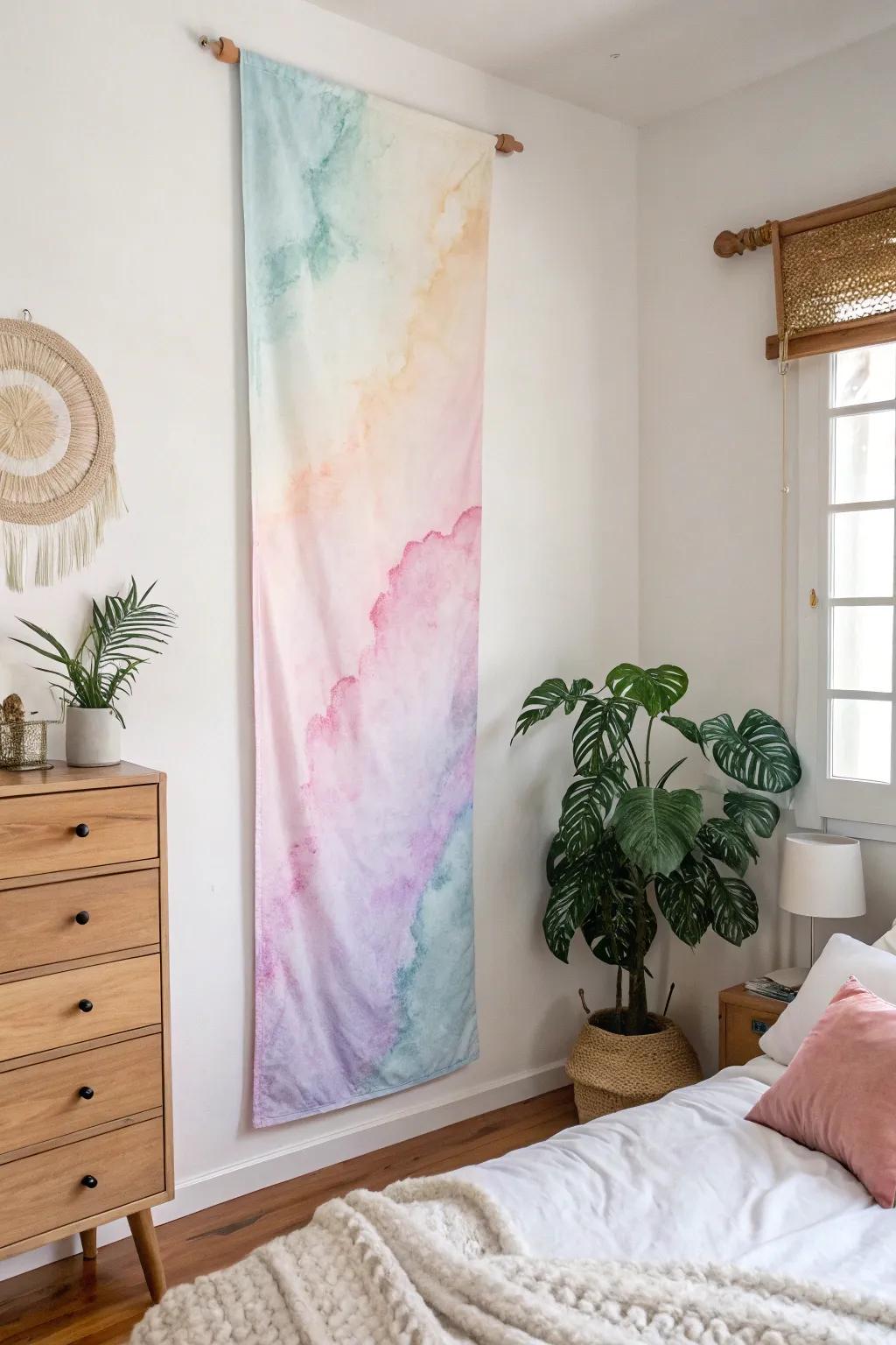 Abstract watercolors on a banner bring a calming touch to a bedroom.