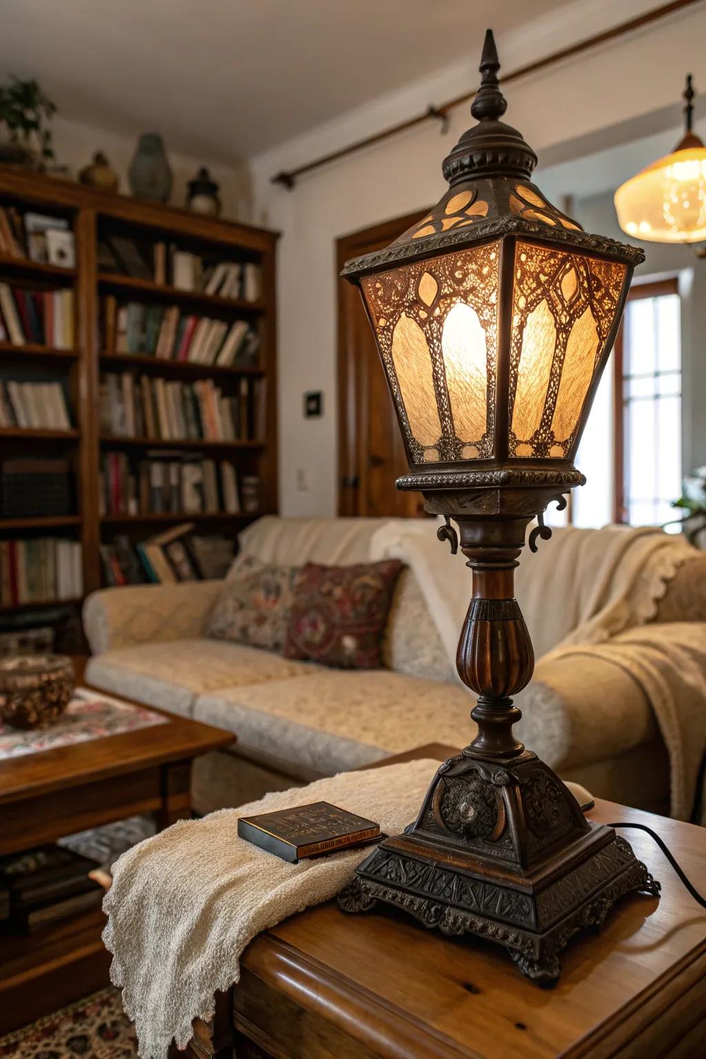 A traditional vintage lighting fixture illuminating a living room.