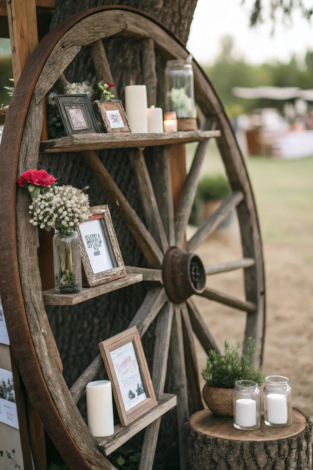 Floating shelves add functionality to this decorative wagon wheel.