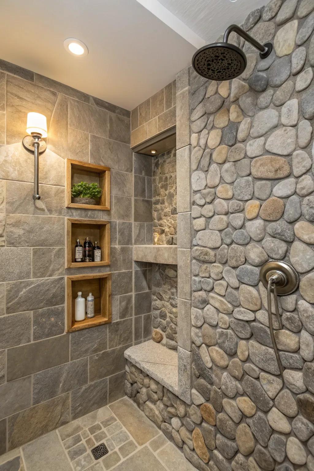 Stone shower with hidden niches for storage.