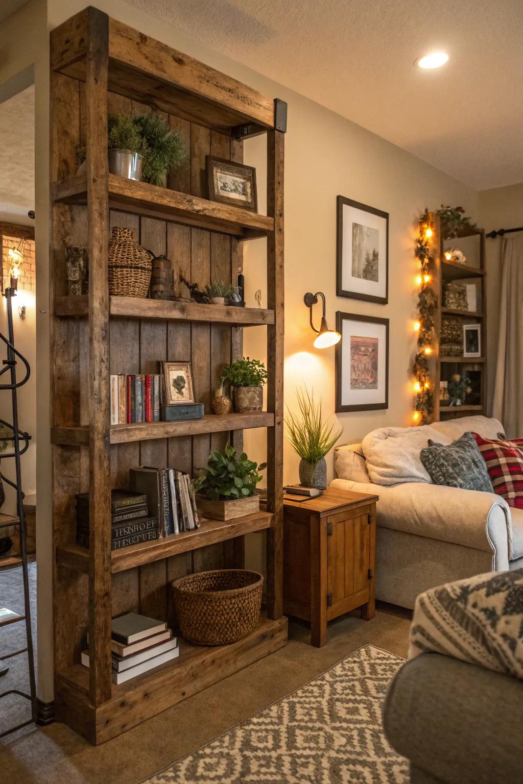 Invite warmth with rustic wood shelves.