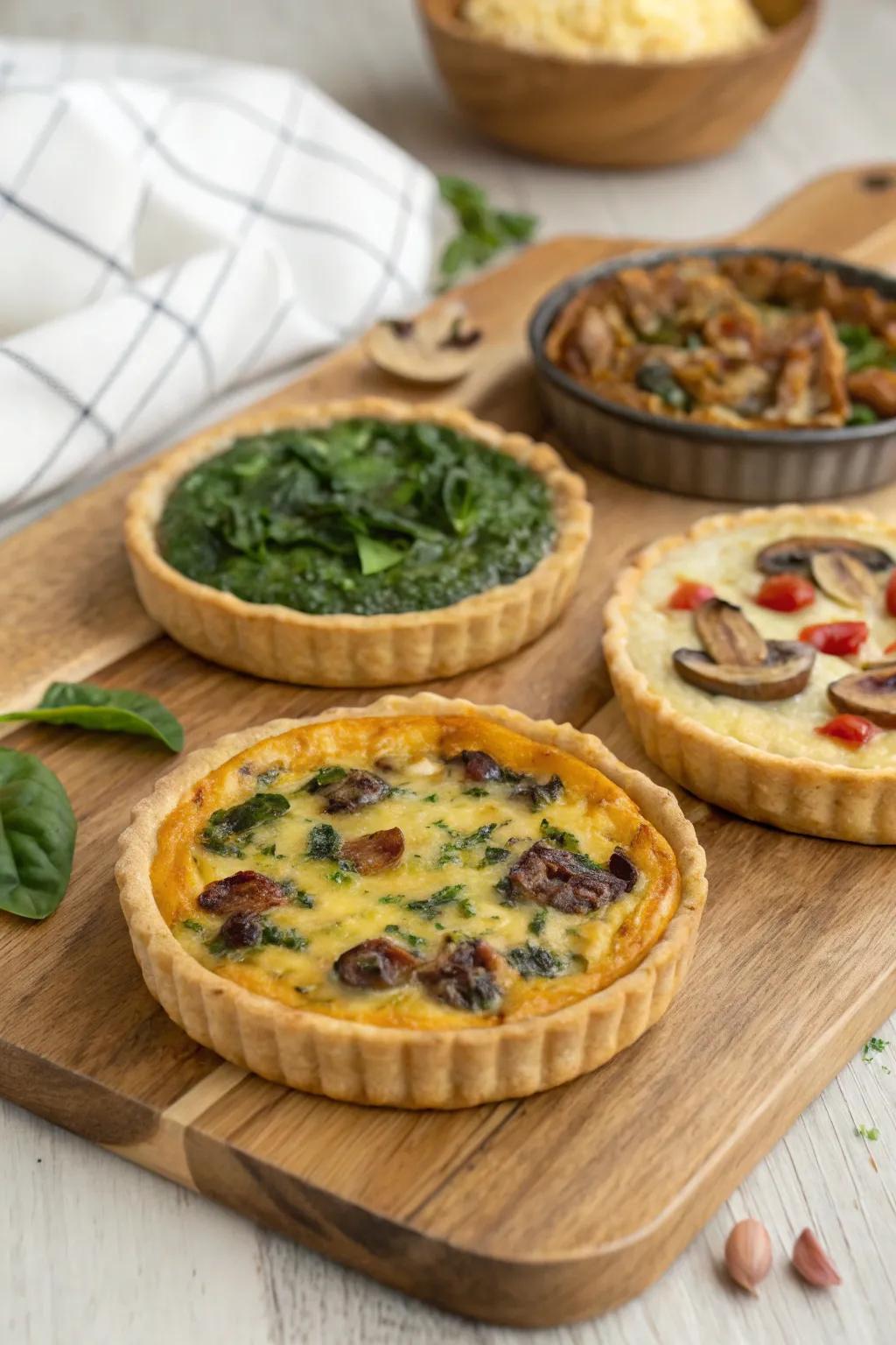 Delicious savory quiches with a variety of fillings, perfect for a wedding breakfast.