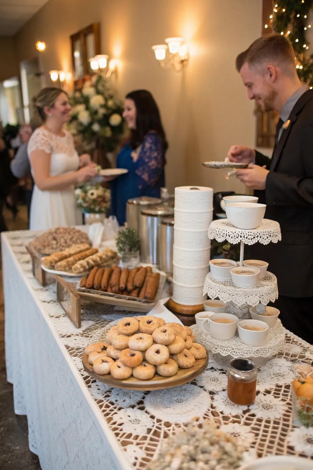 Coffee and dessert pairings at a wedding coffee bar.