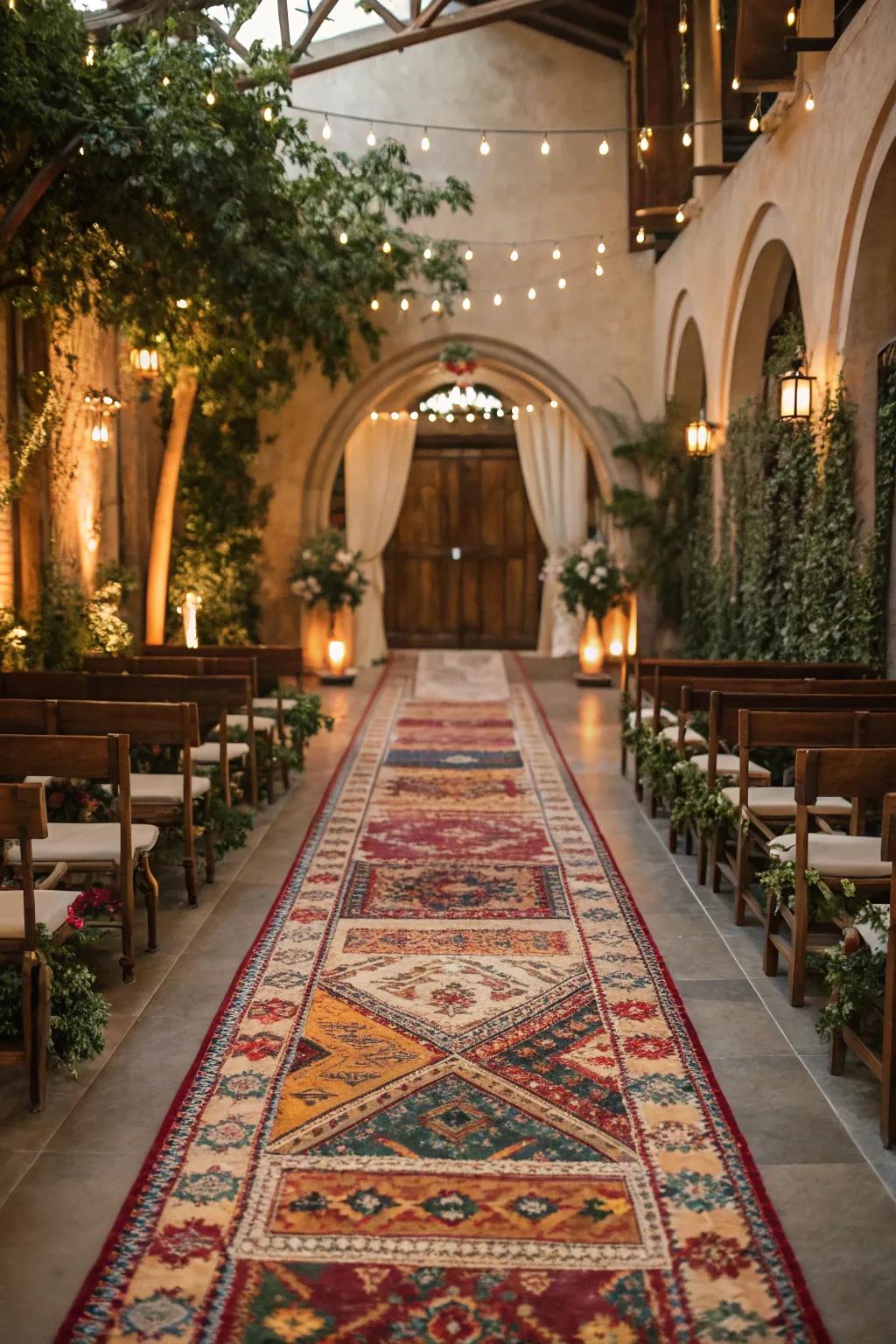 A wedding aisle decorated with vintage rugs, adding a boho chic touch to the ceremony.