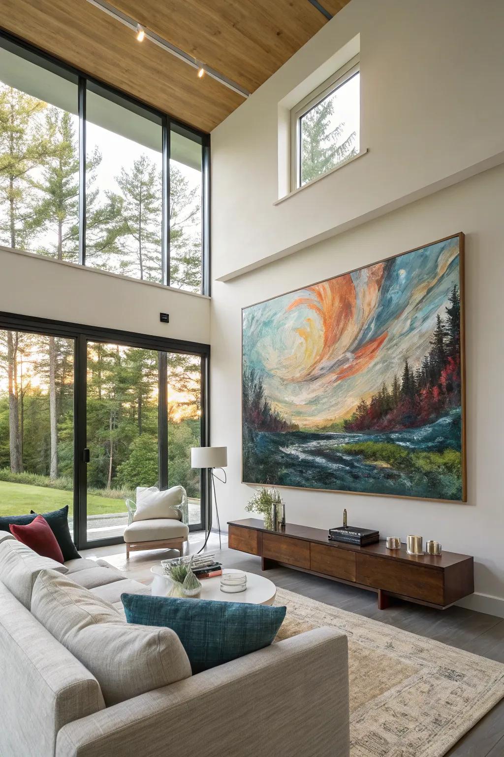 An abstract nature painting bringing a blend of styles to a modern living room.