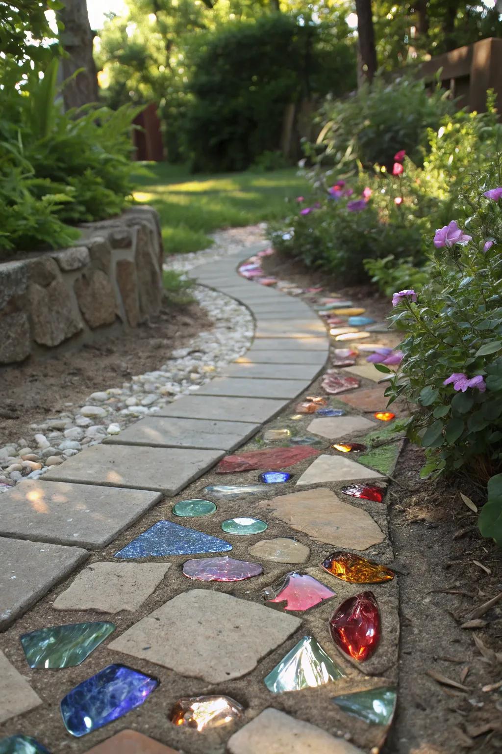 Recycled glass adds sparkle and sustainability to flagstone paths.