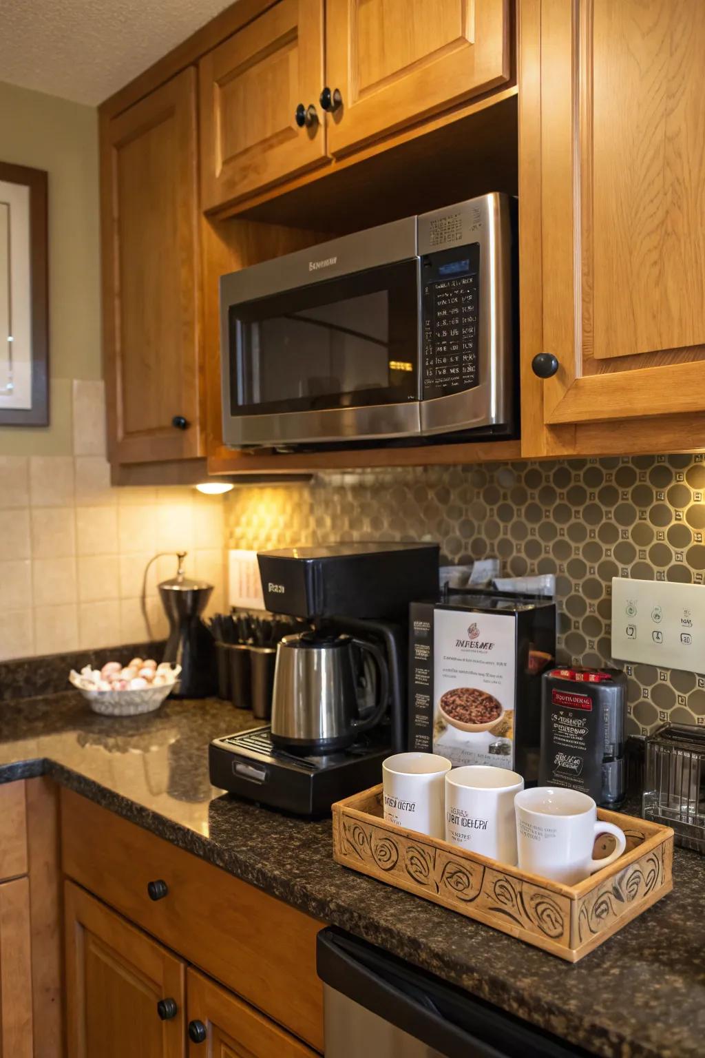 A microwave above the coffee station streamlines your morning routine.