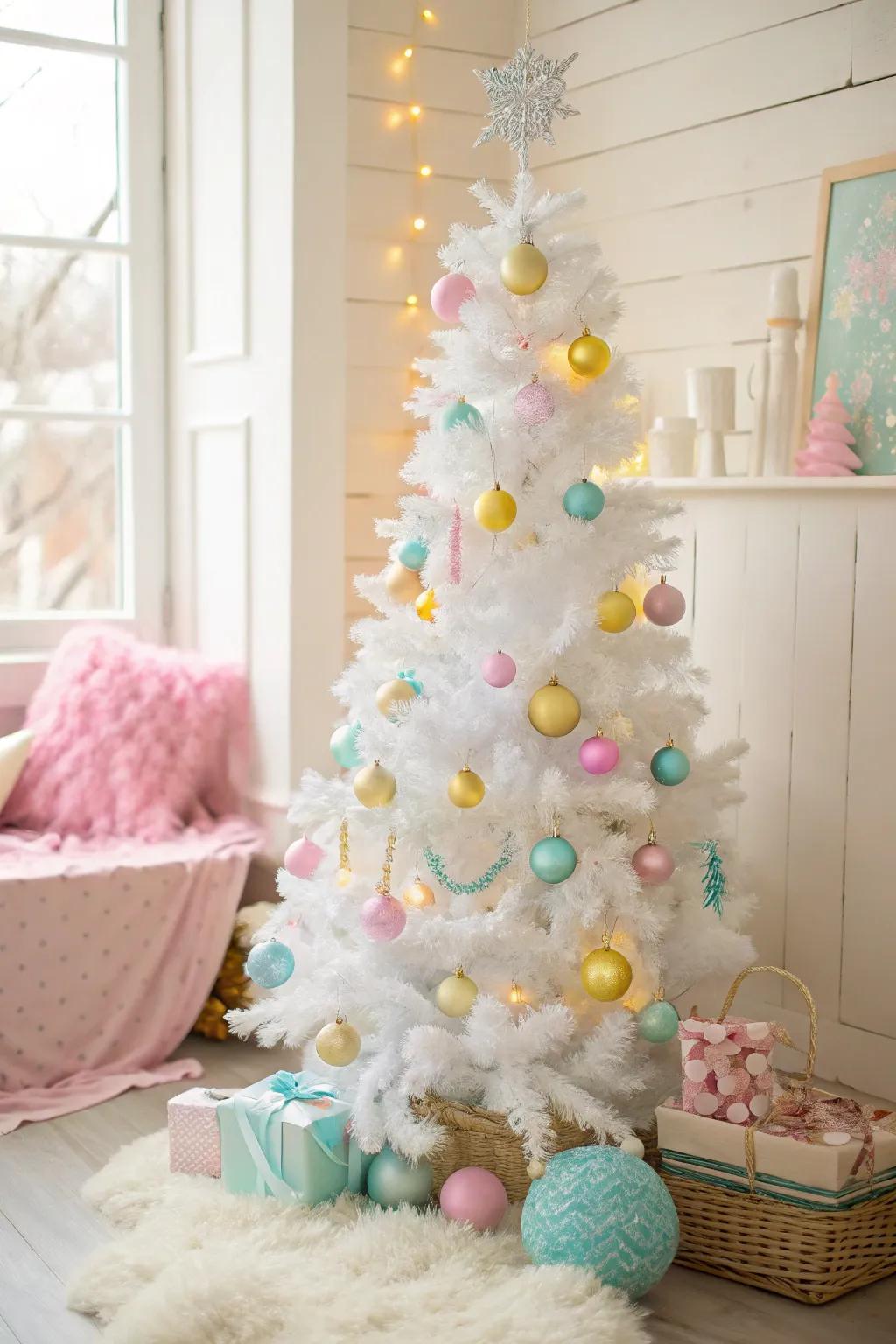 Playful pastels creating a dreamy look on a white Christmas tree.