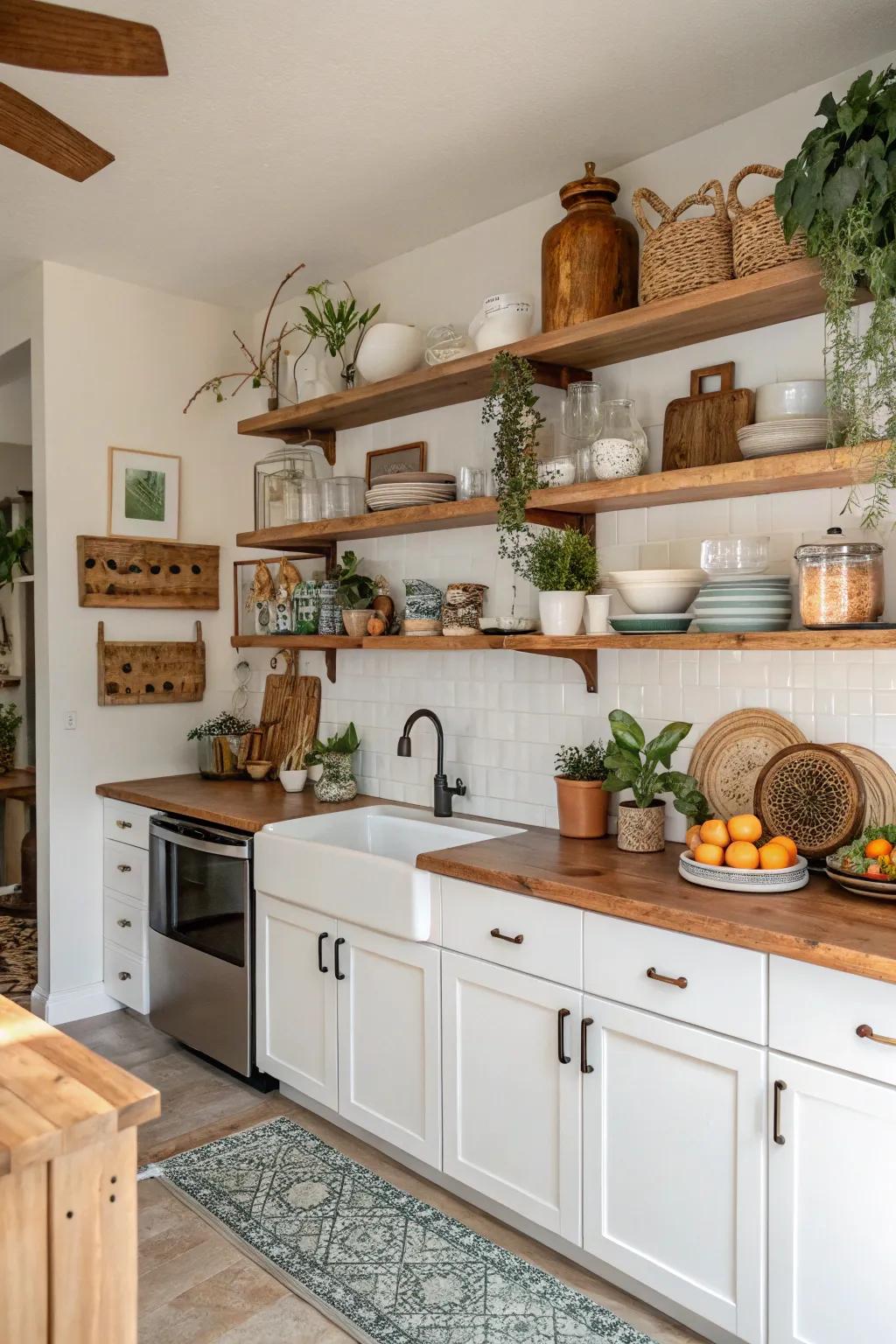 Eclectic decor items add personality to the kitchen.