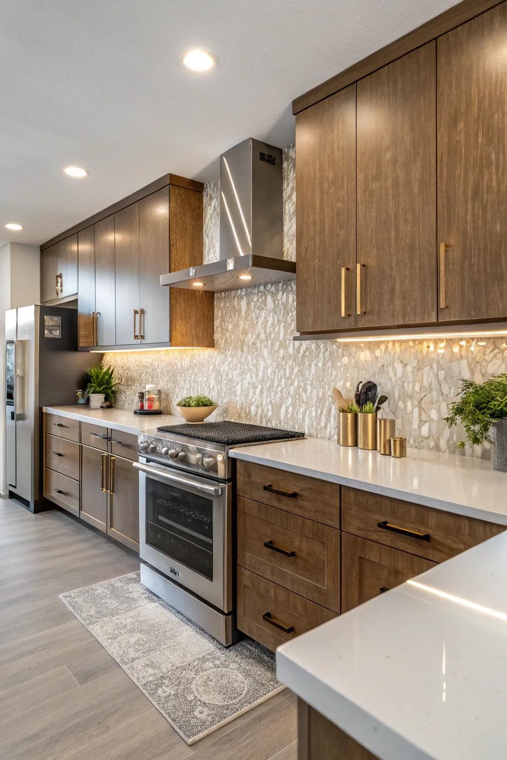 Luxurious kitchen with a mix of quartz backsplash and metallic accents.