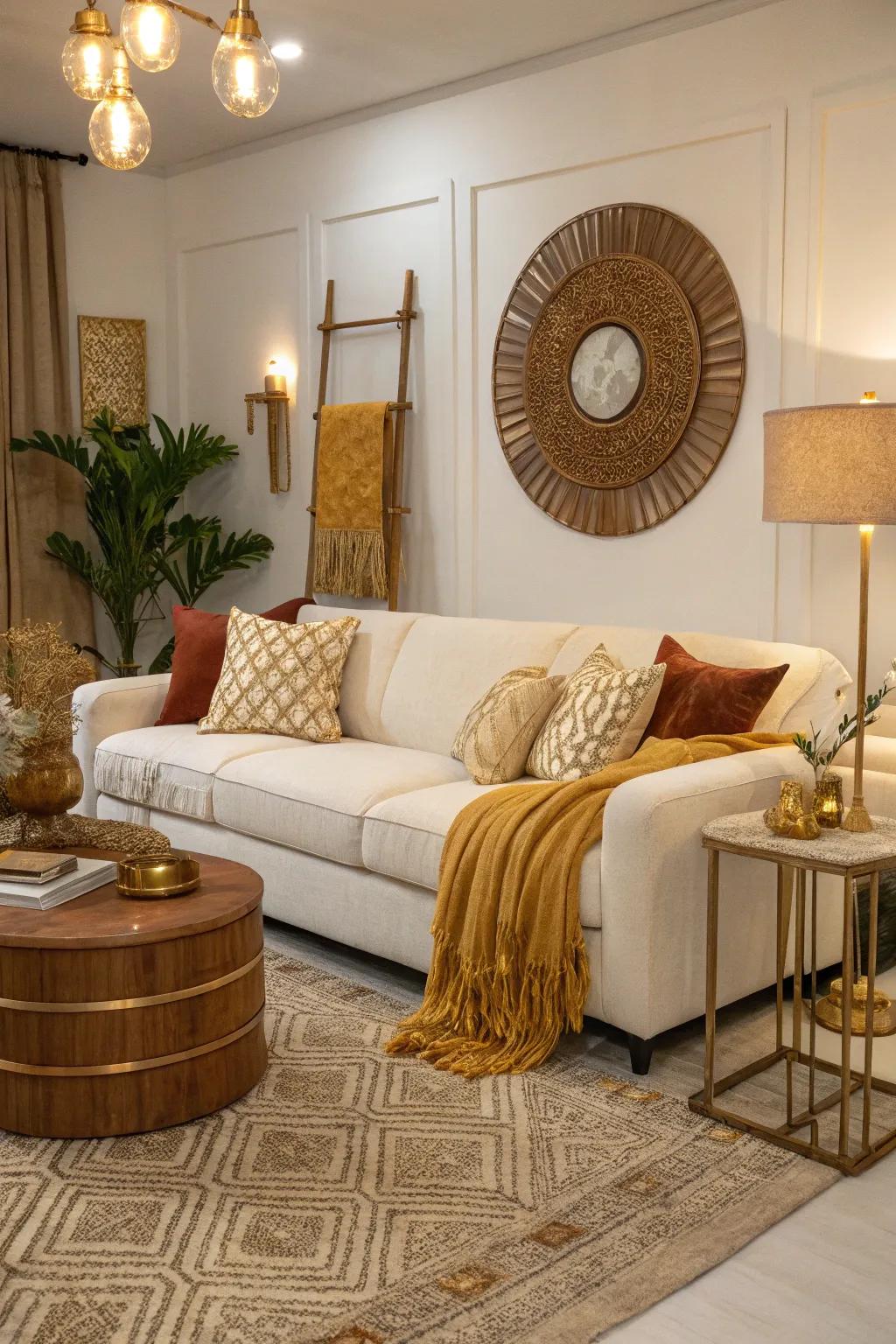 Warm-toned accessories add depth to a living room with a white sectional.