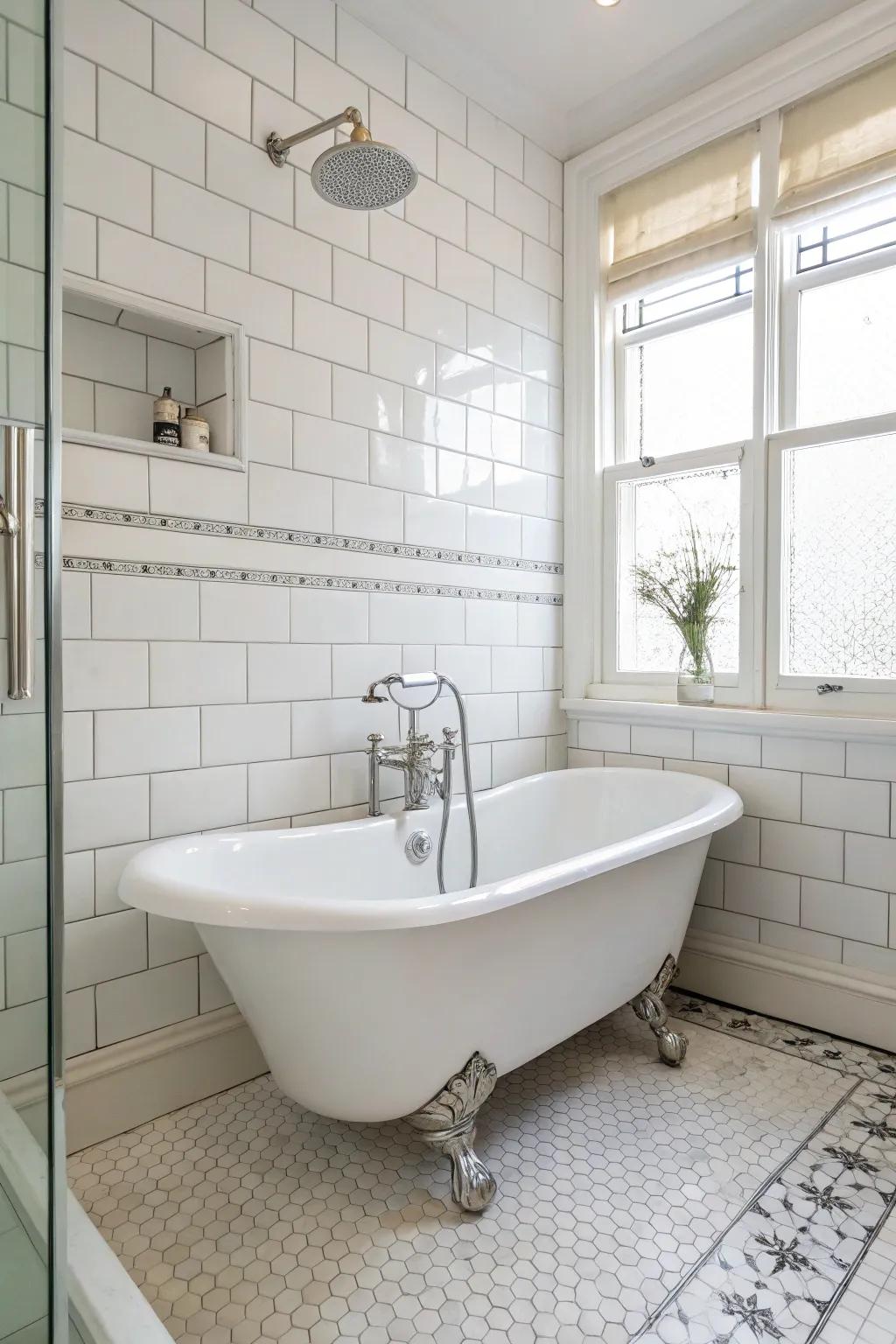 A vintage clawfoot tub in a white shower room.