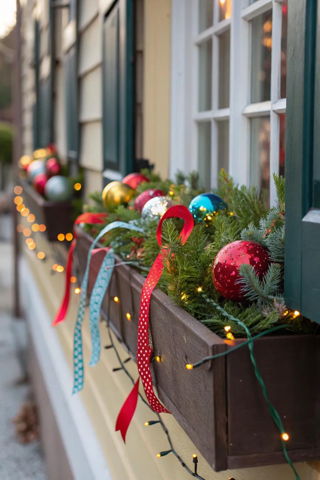 Holiday cheer with festive decorations in a window box