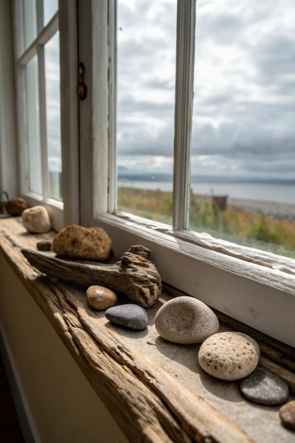 Nature-inspired elements like stones and driftwood enhance this window sill.