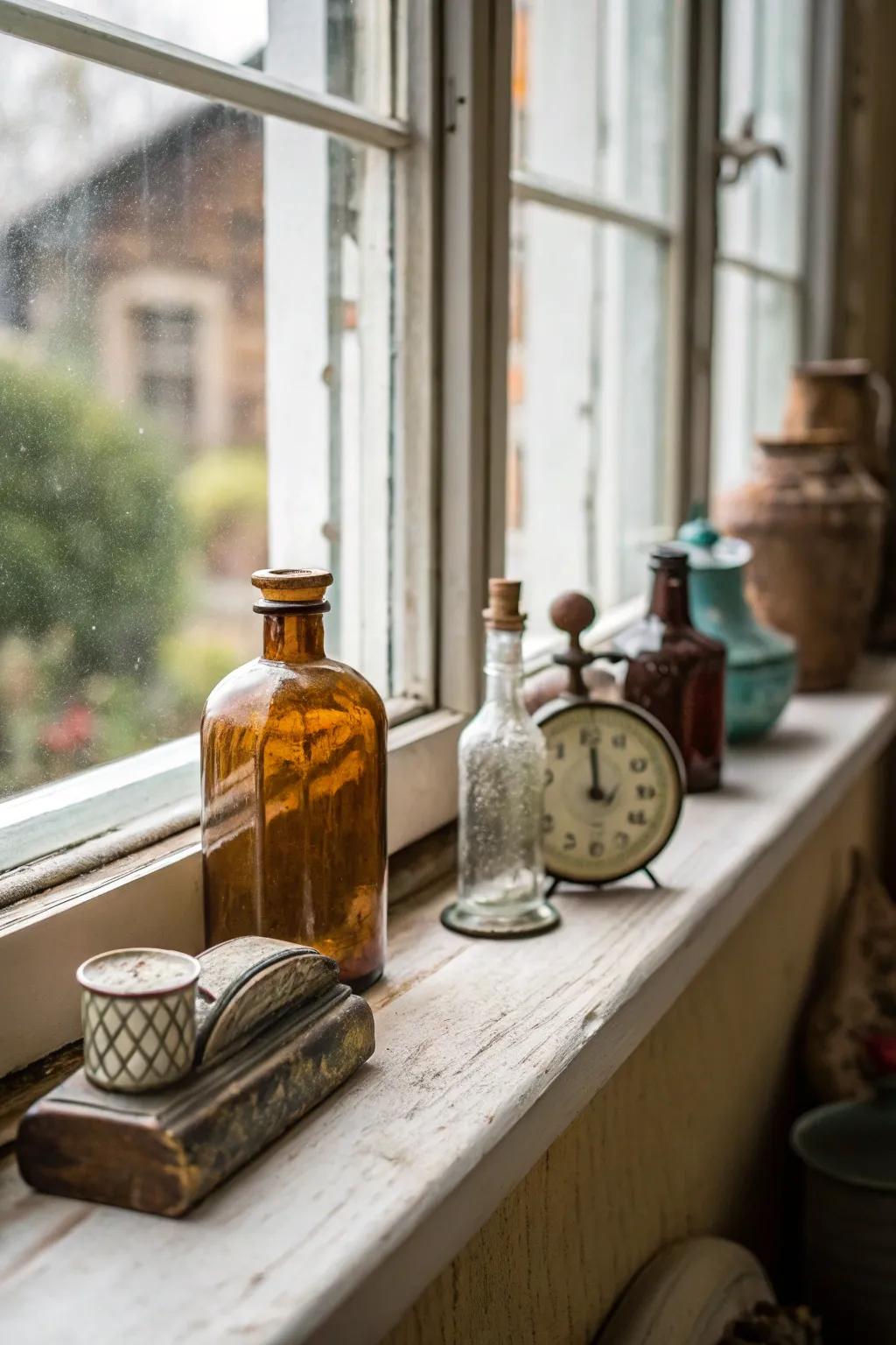 Vintage finds add charm and a story to the windowsill.