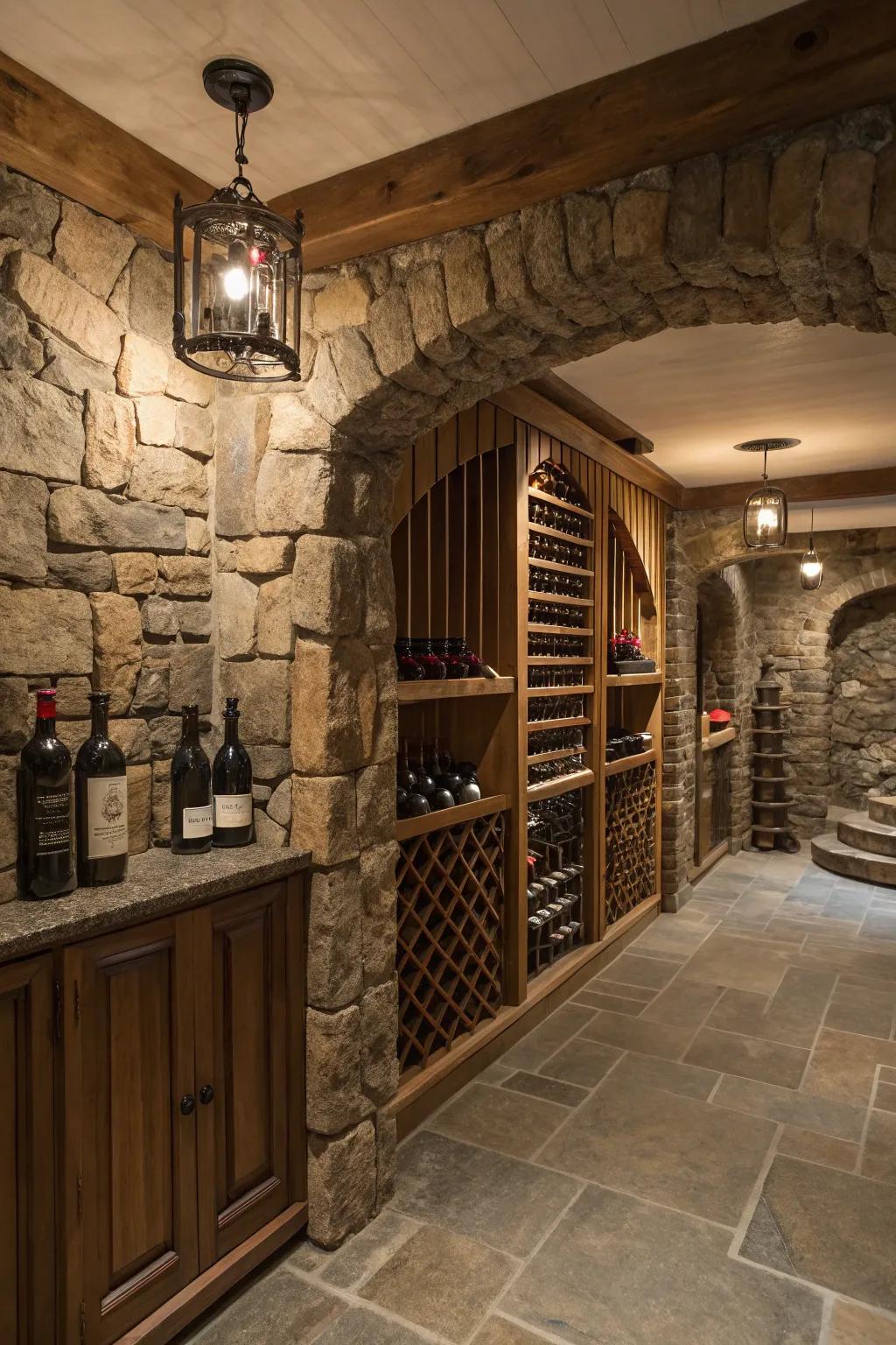 Wine cellar with natural stone wall accents.