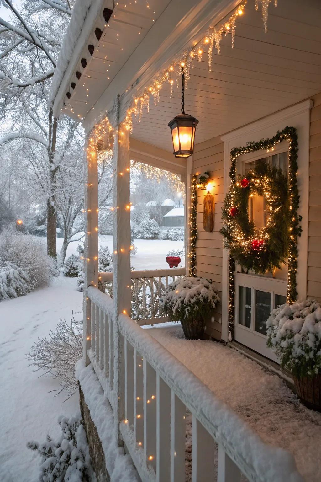 Artificial snow adds a frosty touch to this winter porch.