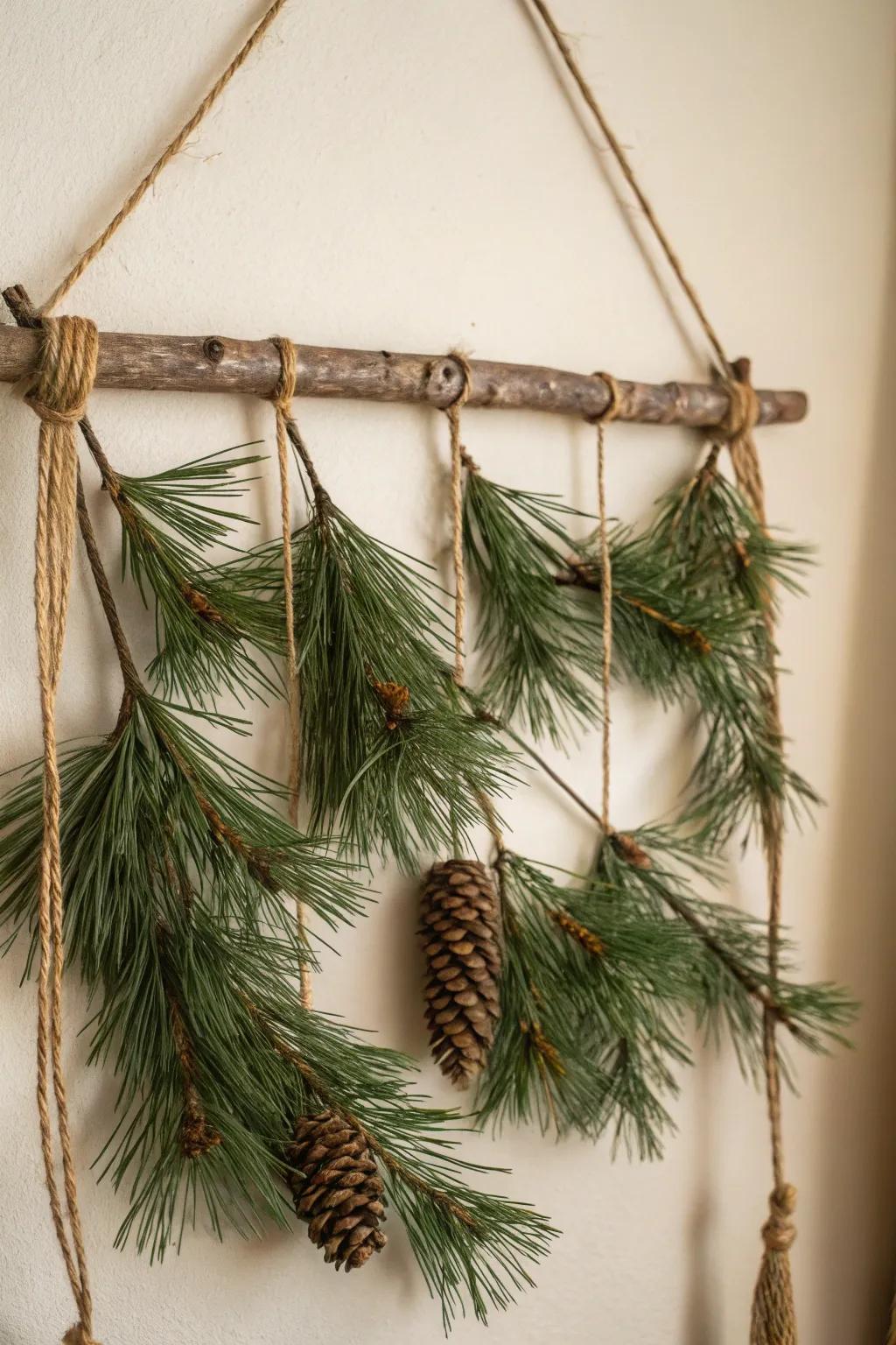 A pine branch wall hanging adds natural elegance to any decor.