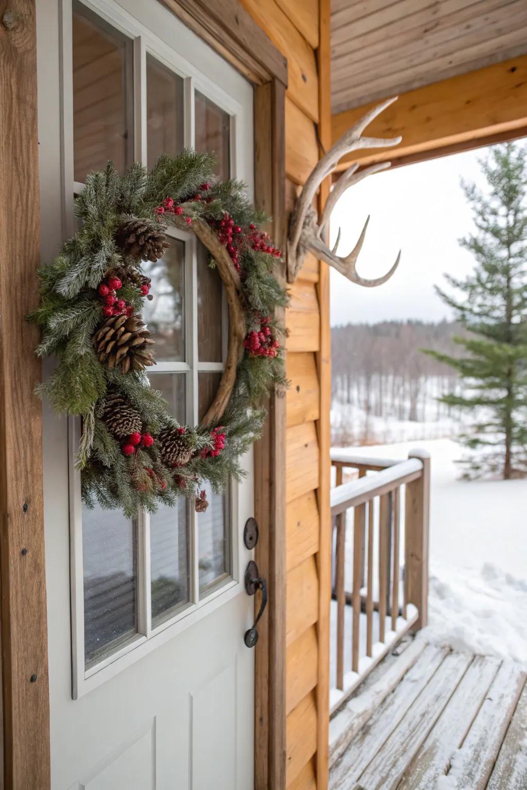 Faux antlers add a whimsical touch to this nature-inspired wreath.