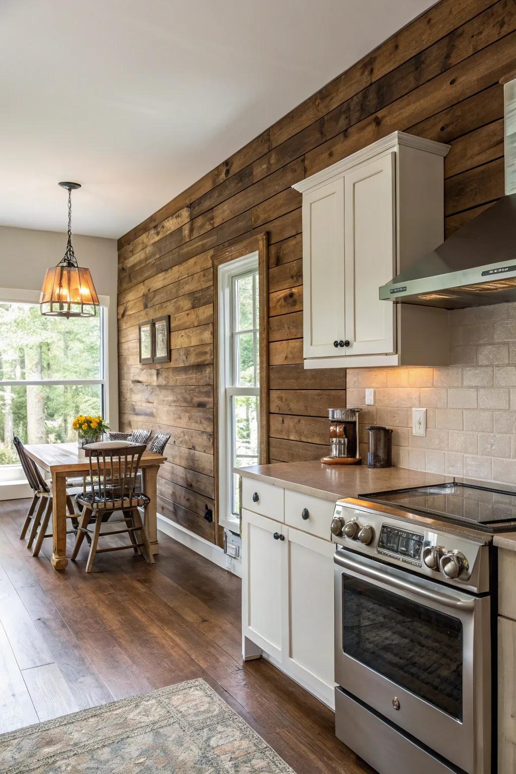 A kitchen featuring a warm and inviting stained shiplap wall.