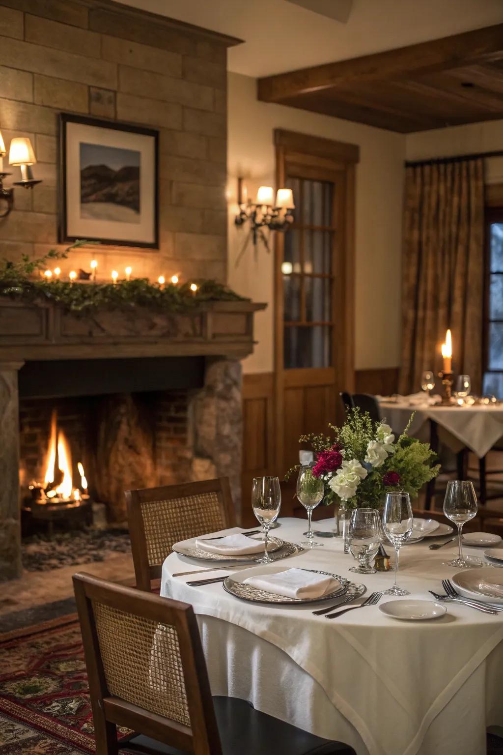 A warm dining room ambiance with a fireplace.