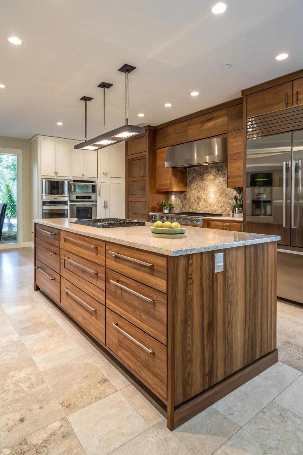 A kitchen featuring a wood panel-wrapped island.