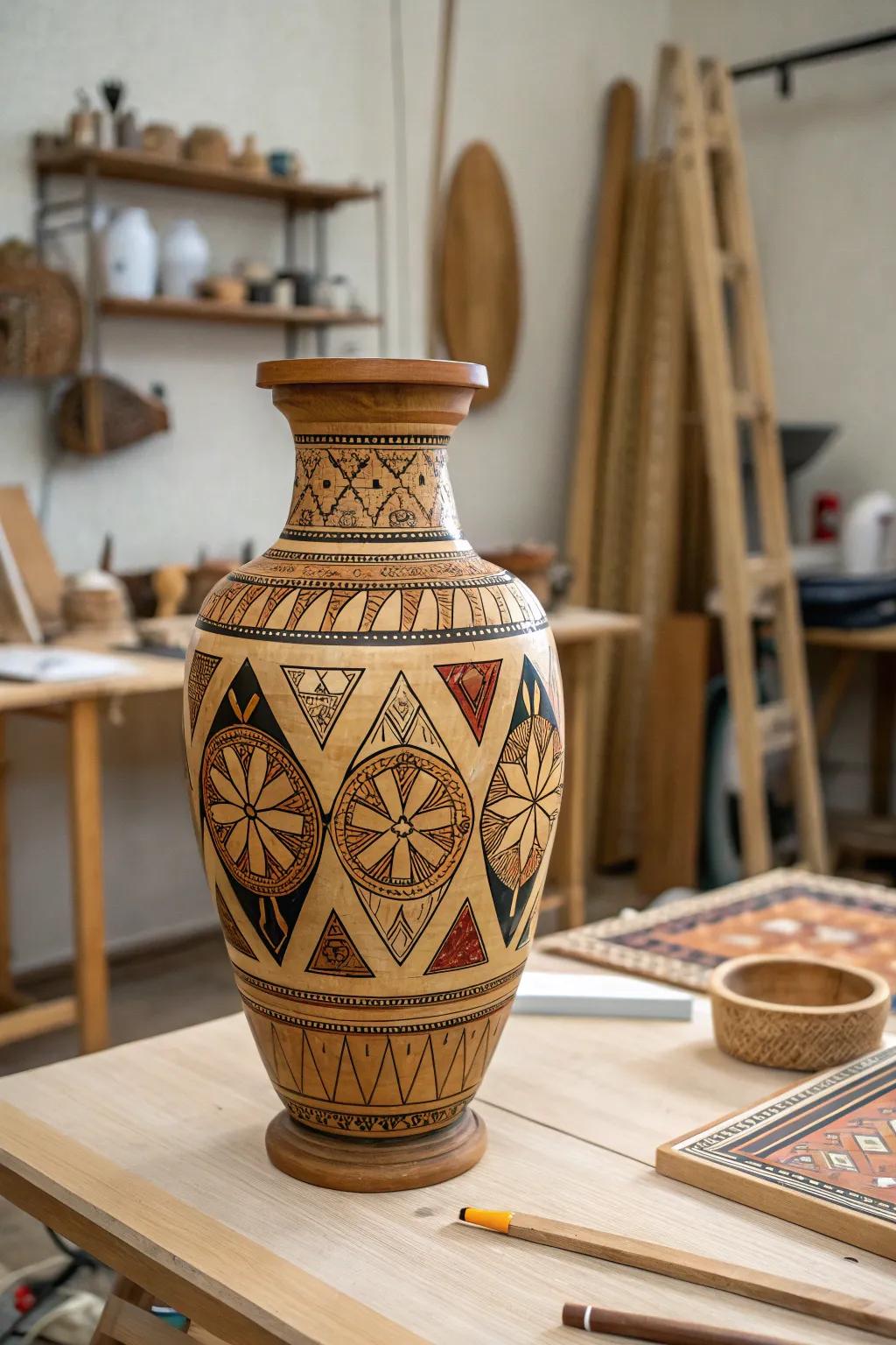 Incorporate artistic elements with inlay-designed wooden vases.