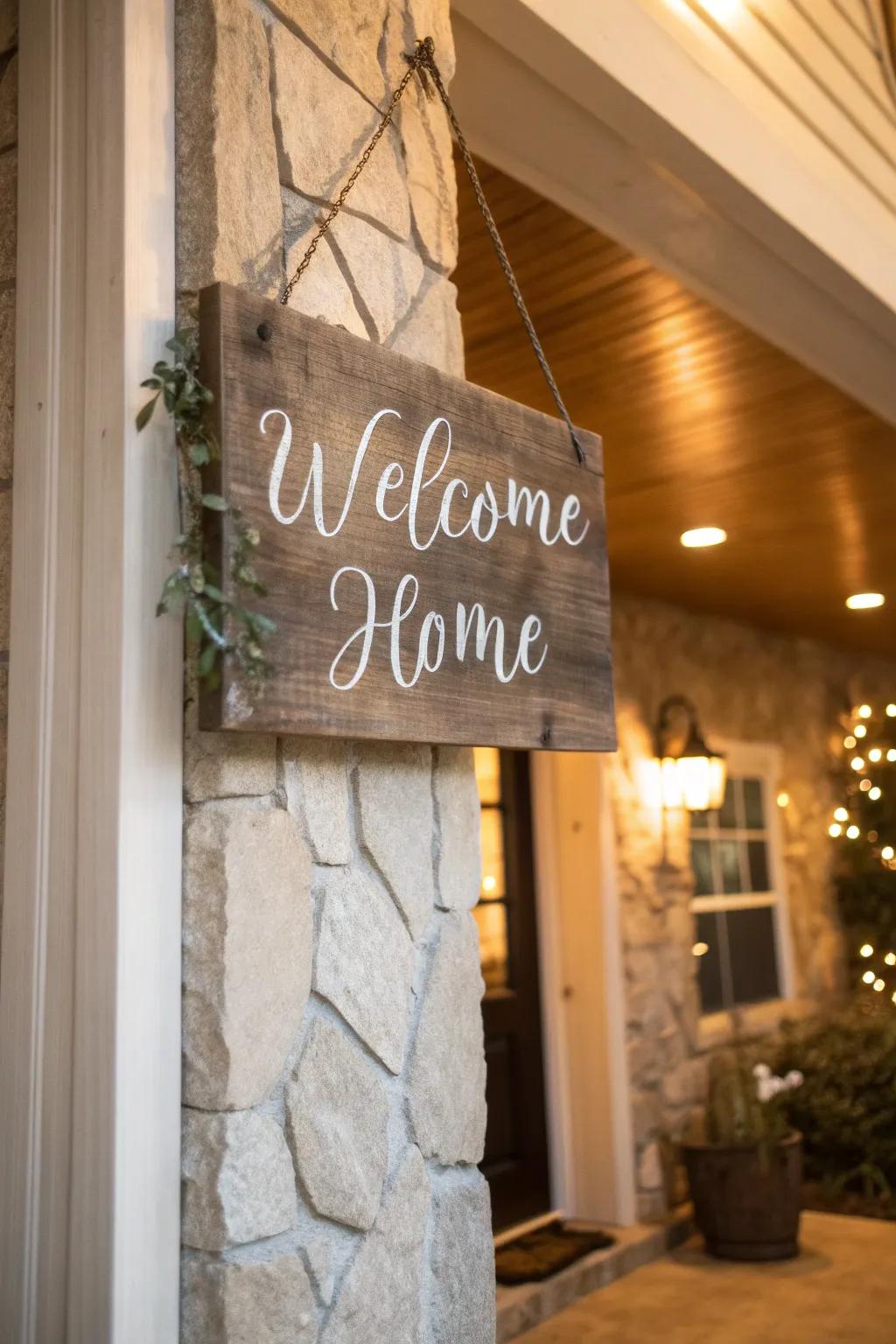 A rustic sign that warmly welcomes guests into your home.