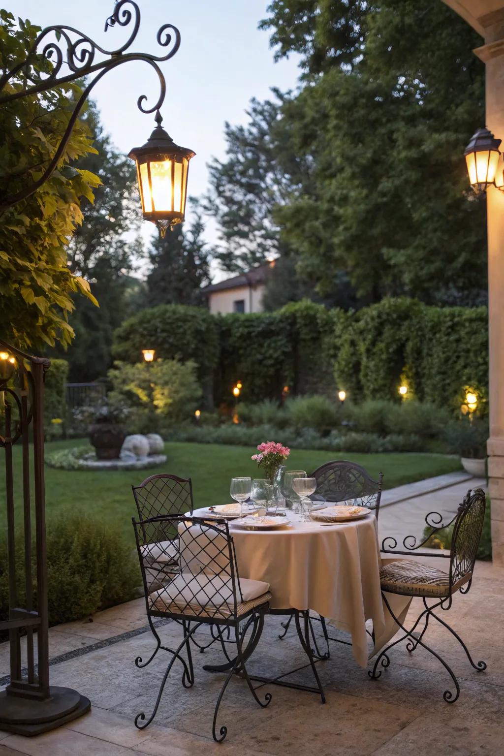 Wrought iron furniture enhances outdoor dining ambiance.