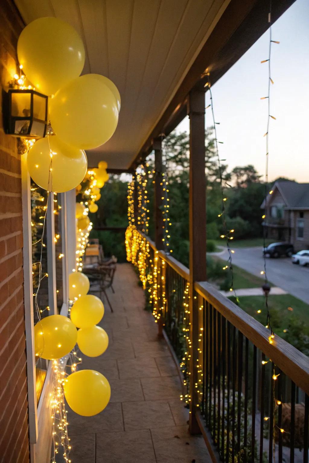 Festive balcony with yellow balloon garlands.