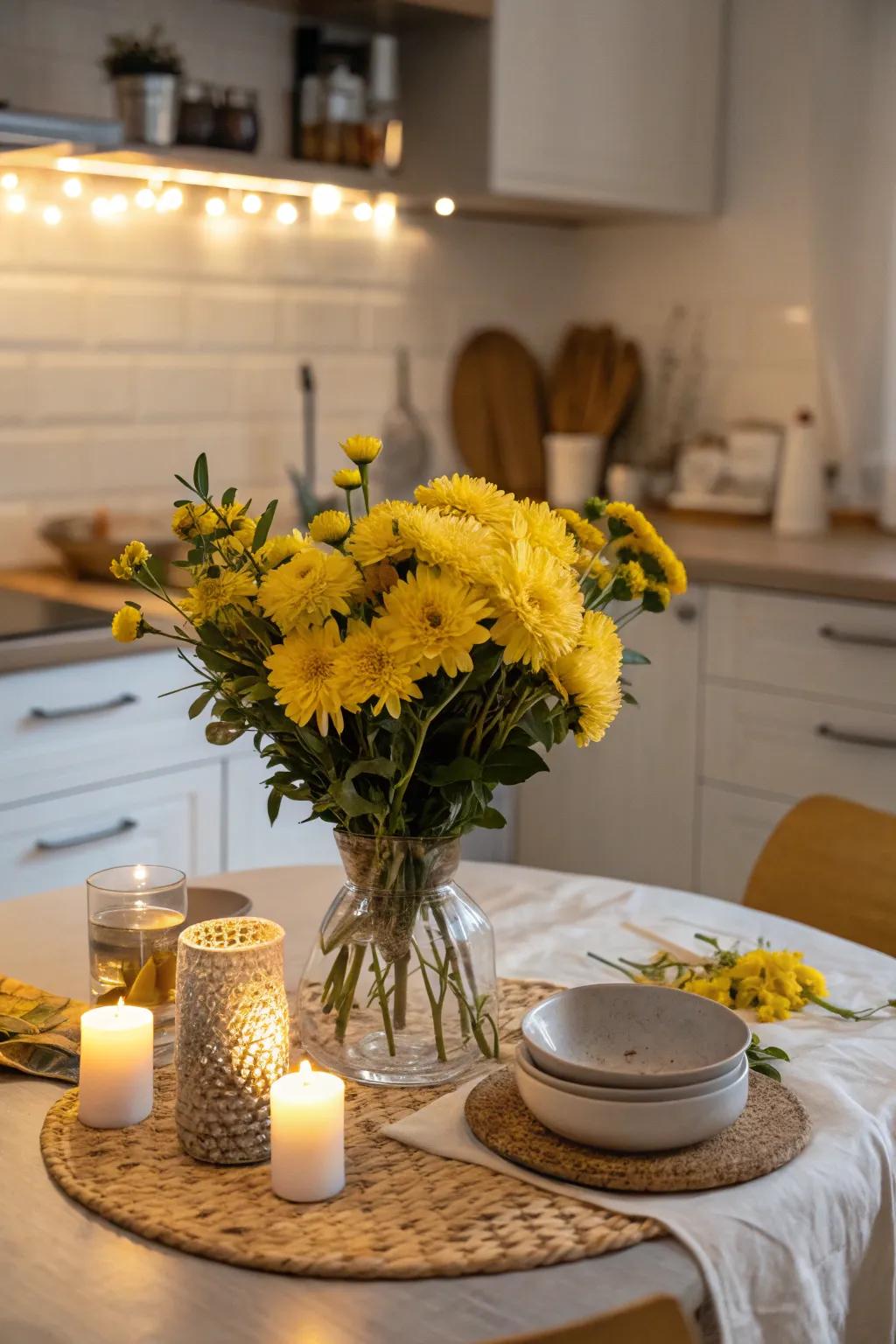 Yellow flowers add natural beauty and brightness to the kitchen.