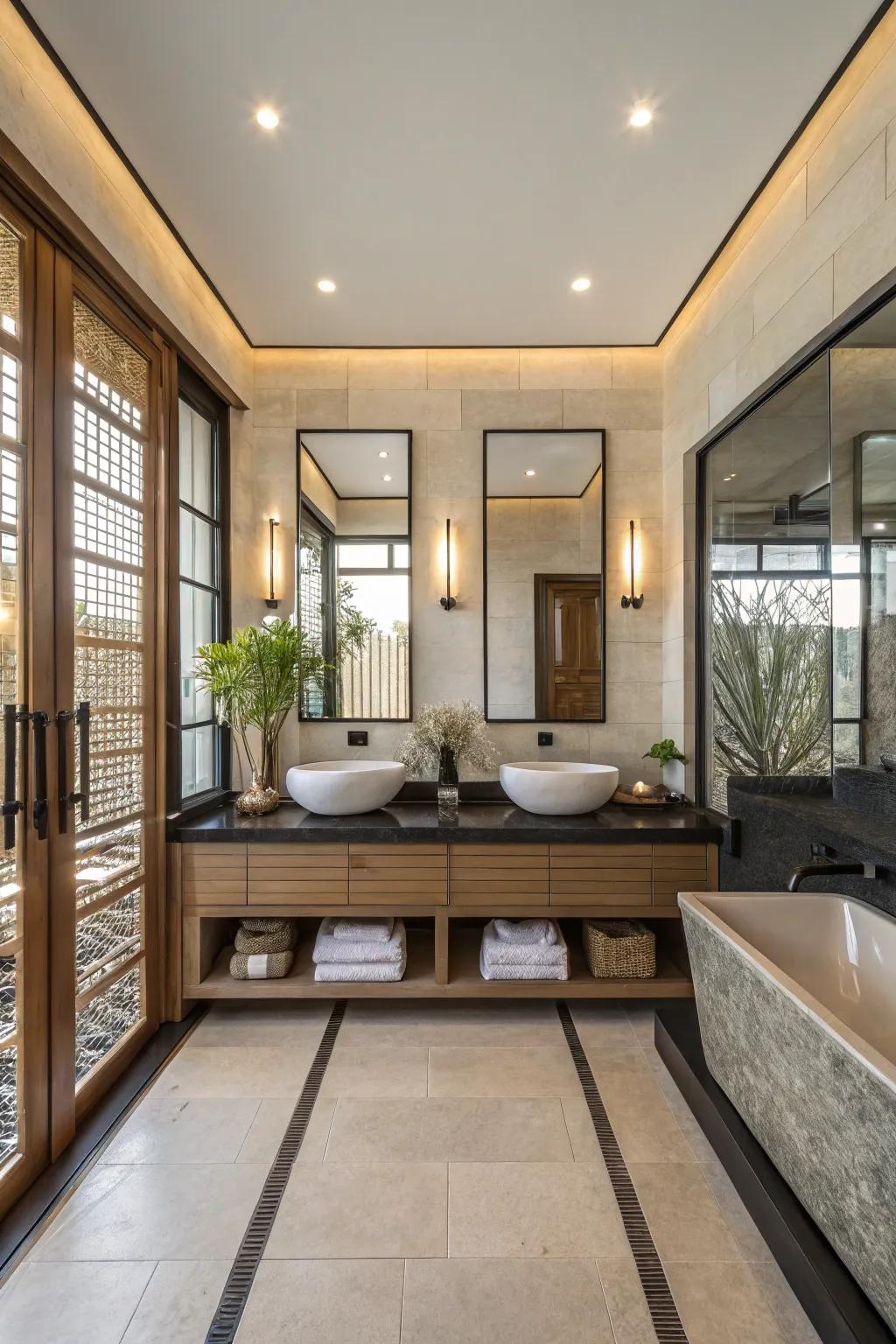 Symmetry brings a sense of balance to a zen bathroom.