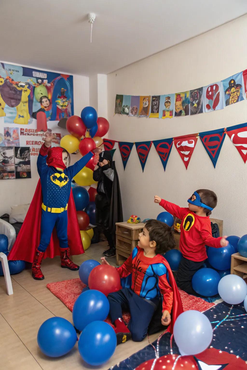 A superhero costume party with colorful decorations and excited kids.
