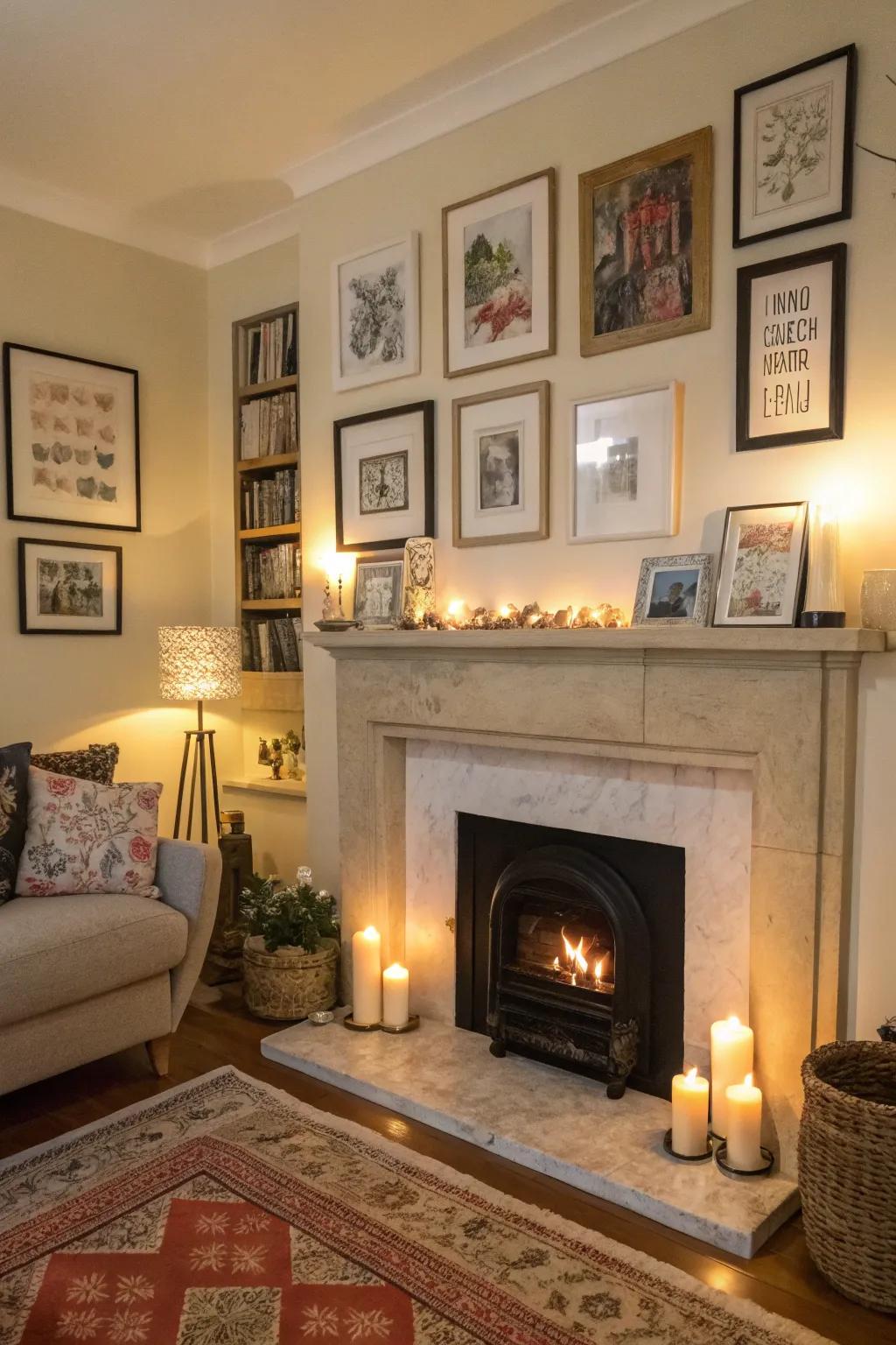 A gallery wall creates a curated and artistic display above the fireplace.