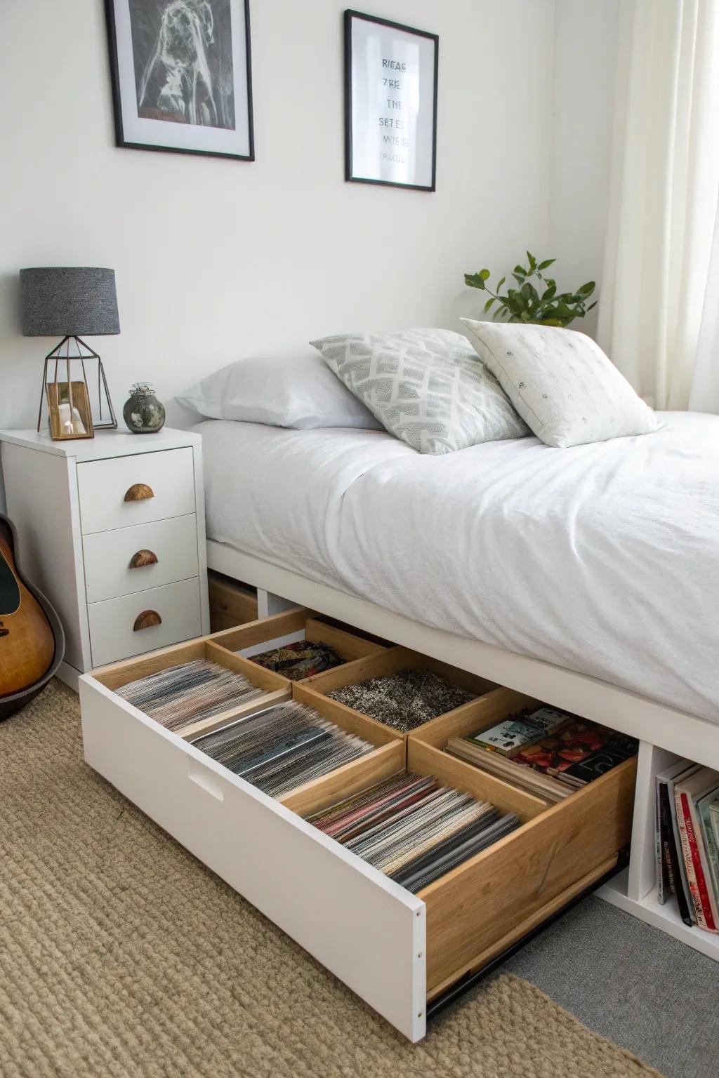 Under-bed storage boxes keeping vinyl records safe and out of sight.