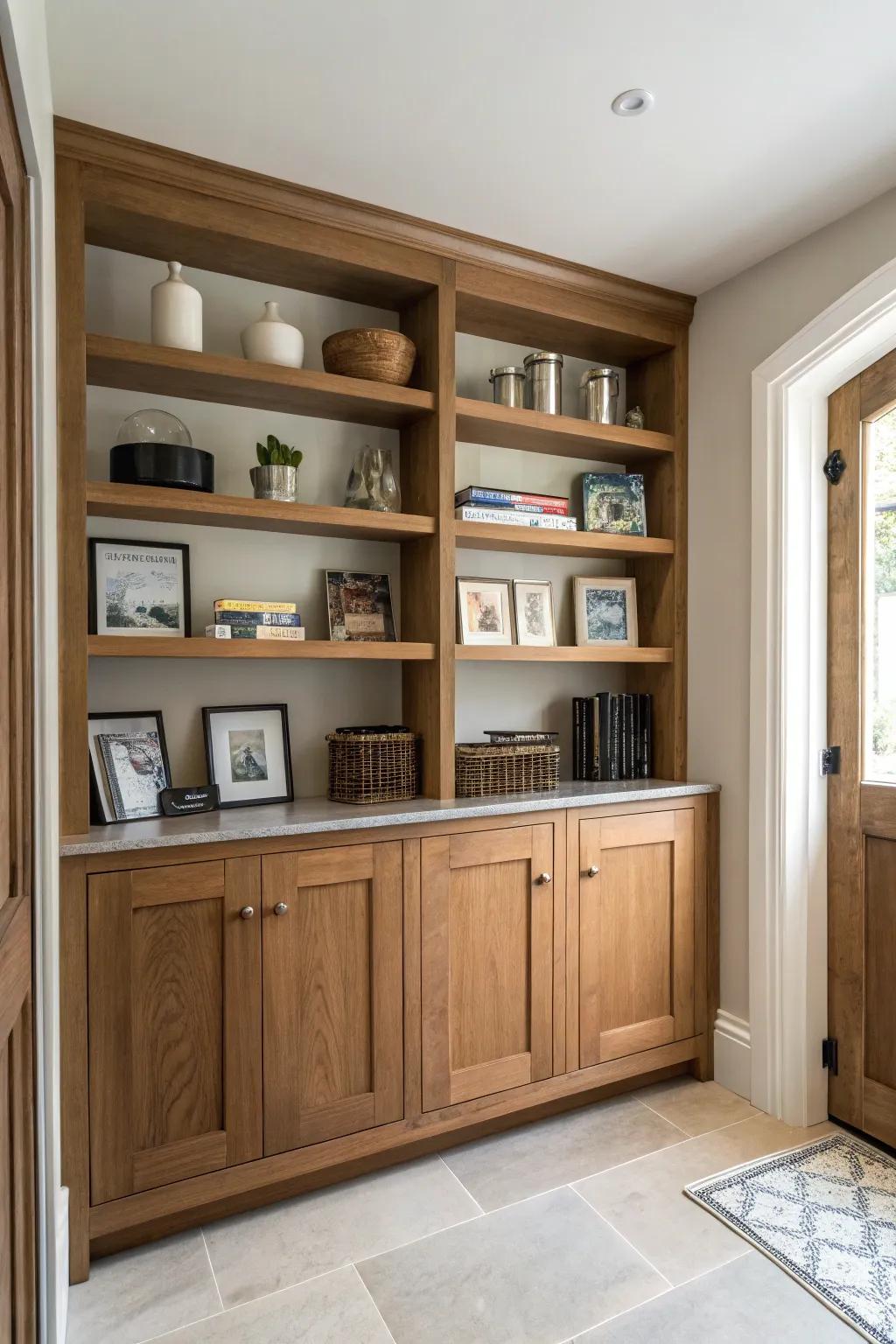 Balance display and storage with a mix of open and closed shelving.