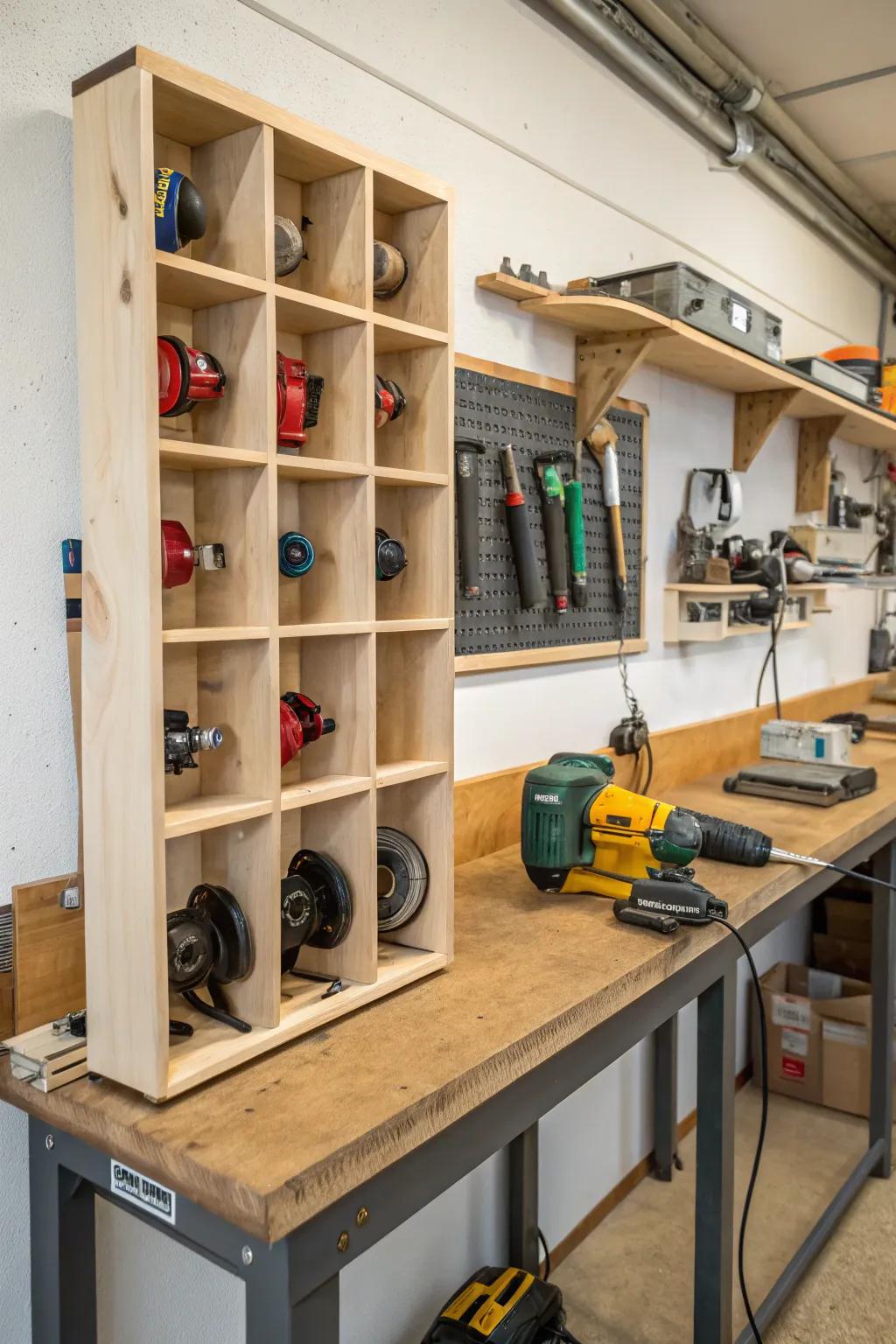 Compact wall cubby for organized and visible angle grinder storage.