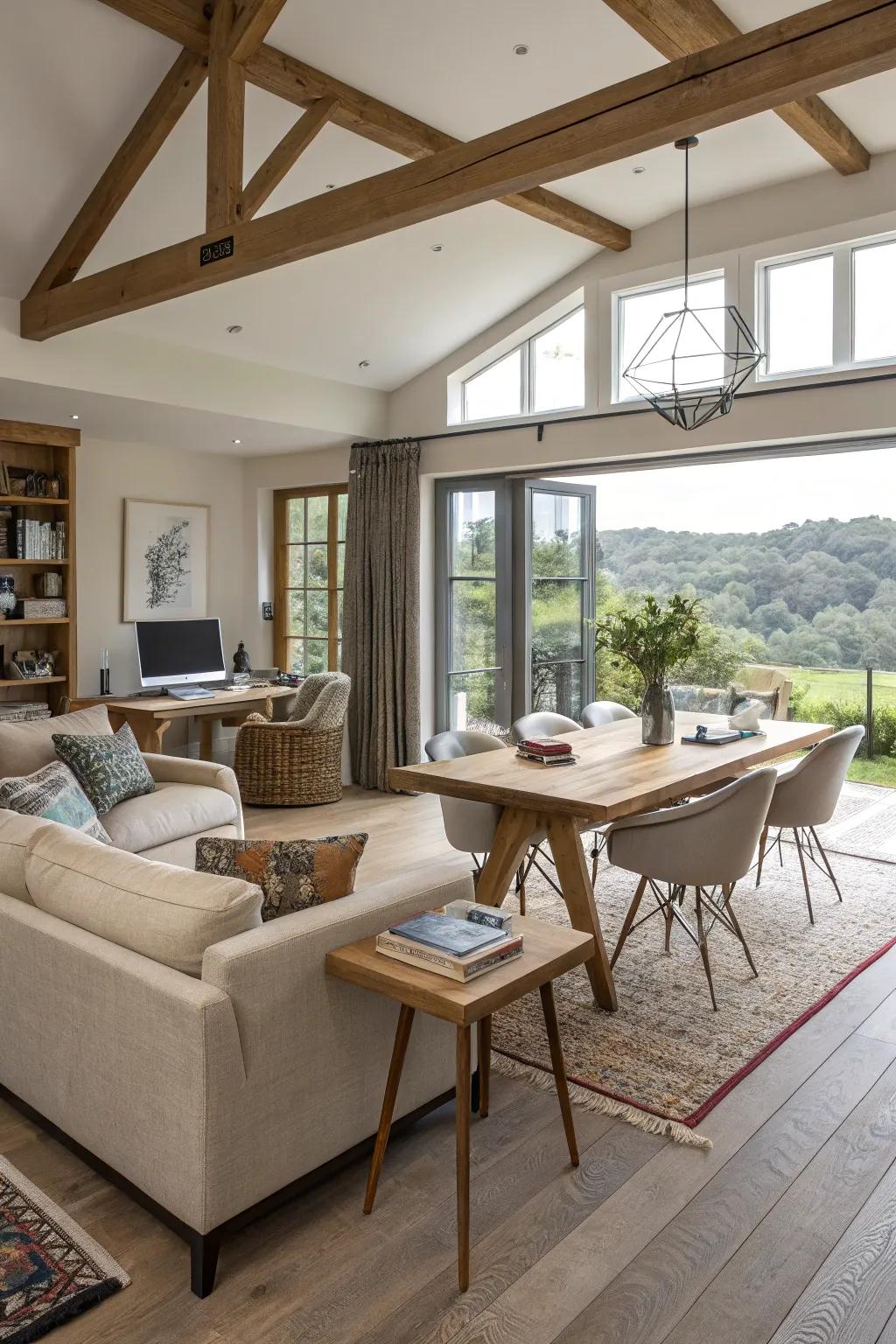 Distinct furniture zones create a multifunctional space in this open-plan living room.