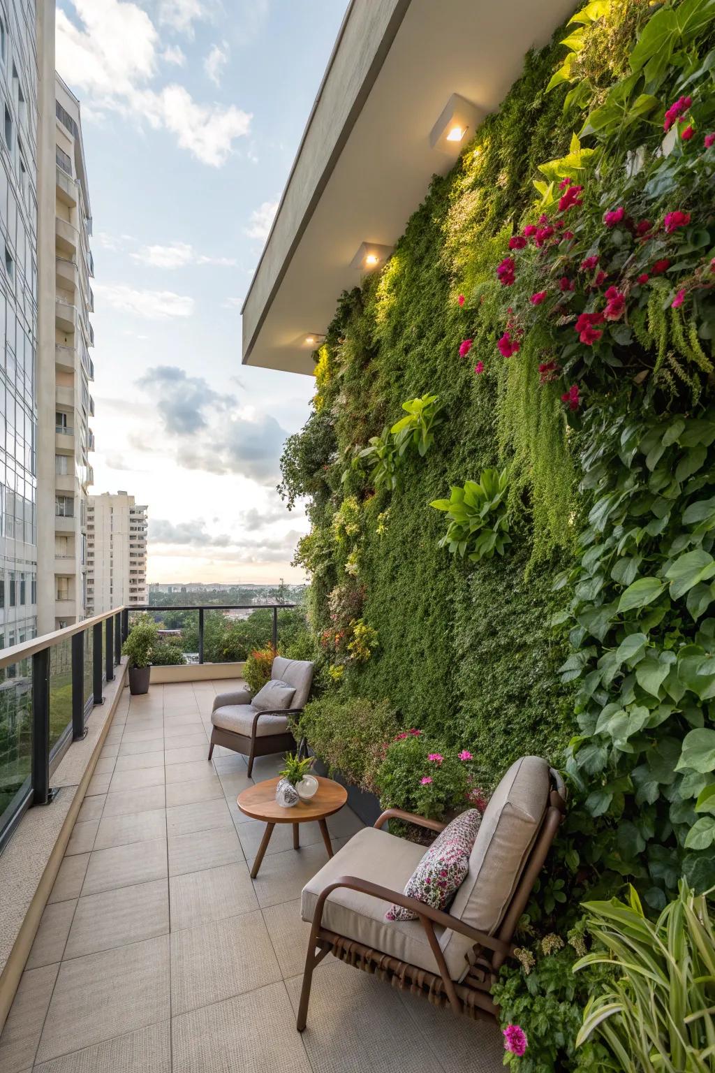 A vertical garden maximizes space and adds greenery.