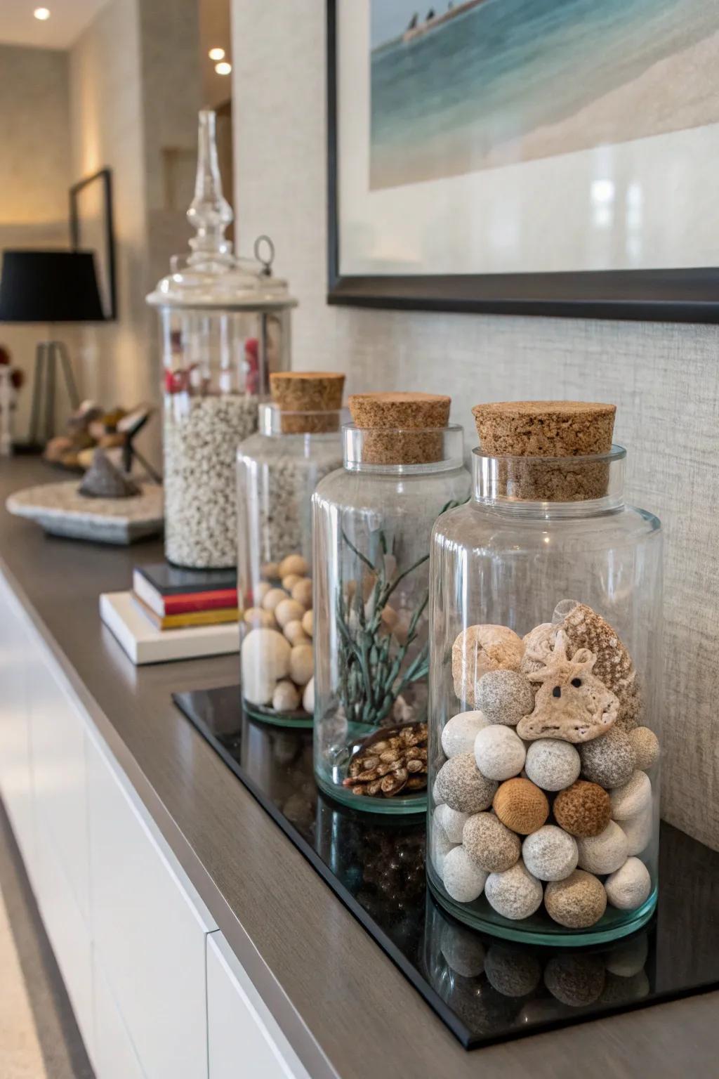 Artistic apothecary jars provide an eye-catching display.