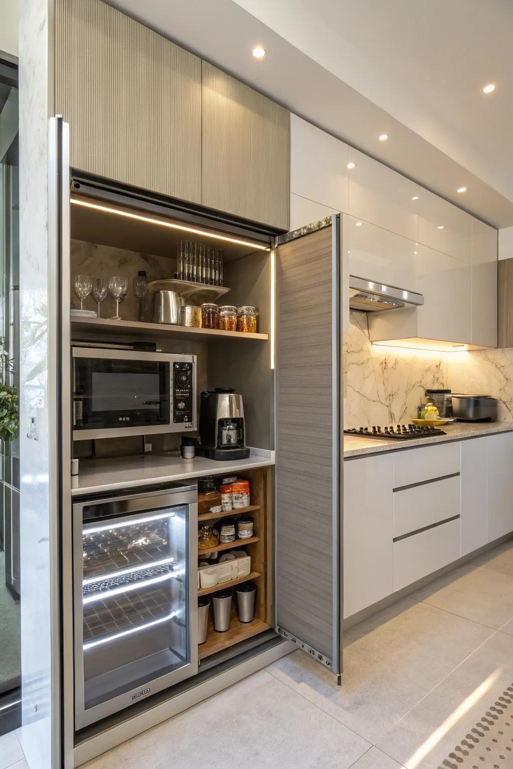 Tambour doors provide style and functionality, smoothly revealing hidden appliances.