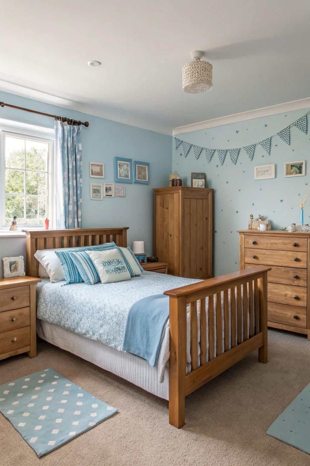 Wood accents bring warmth and balance to a baby blue bedroom.