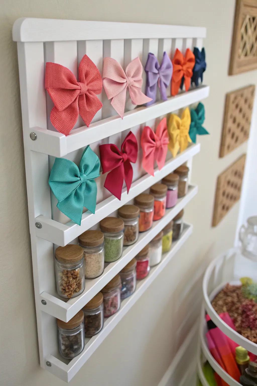 A creative use of spice racks for storing baby bows.