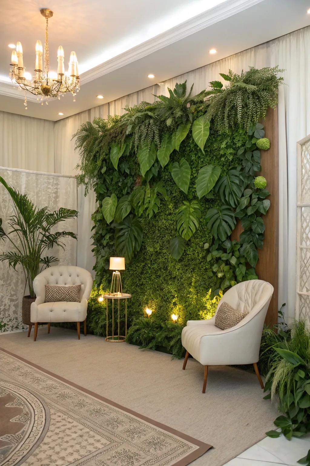 A greenery wall brings a fresh, natural feel to the decor.